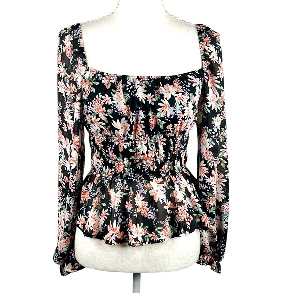 Miami Black Floral Boho Romantic Bell Sleeve Flowy Summer Top Size Small